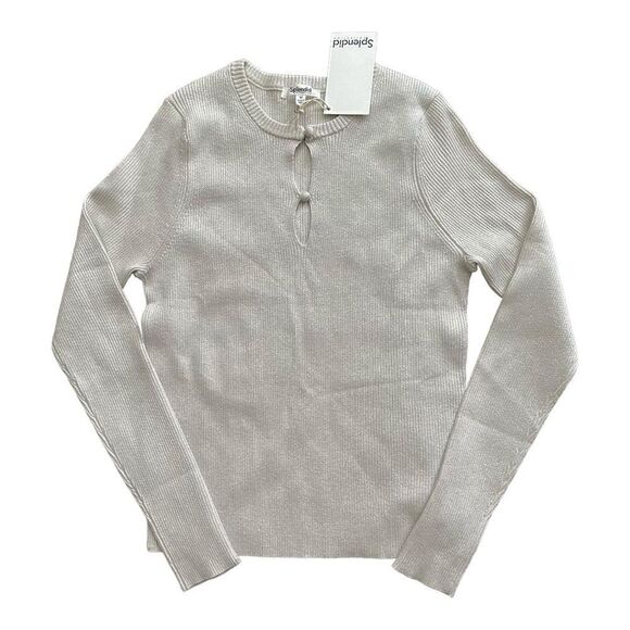 Splendid Sweaters - Splendid Peyton Lurex Metallic Rib Knit Keyhole Sweater Cream Sand Medium